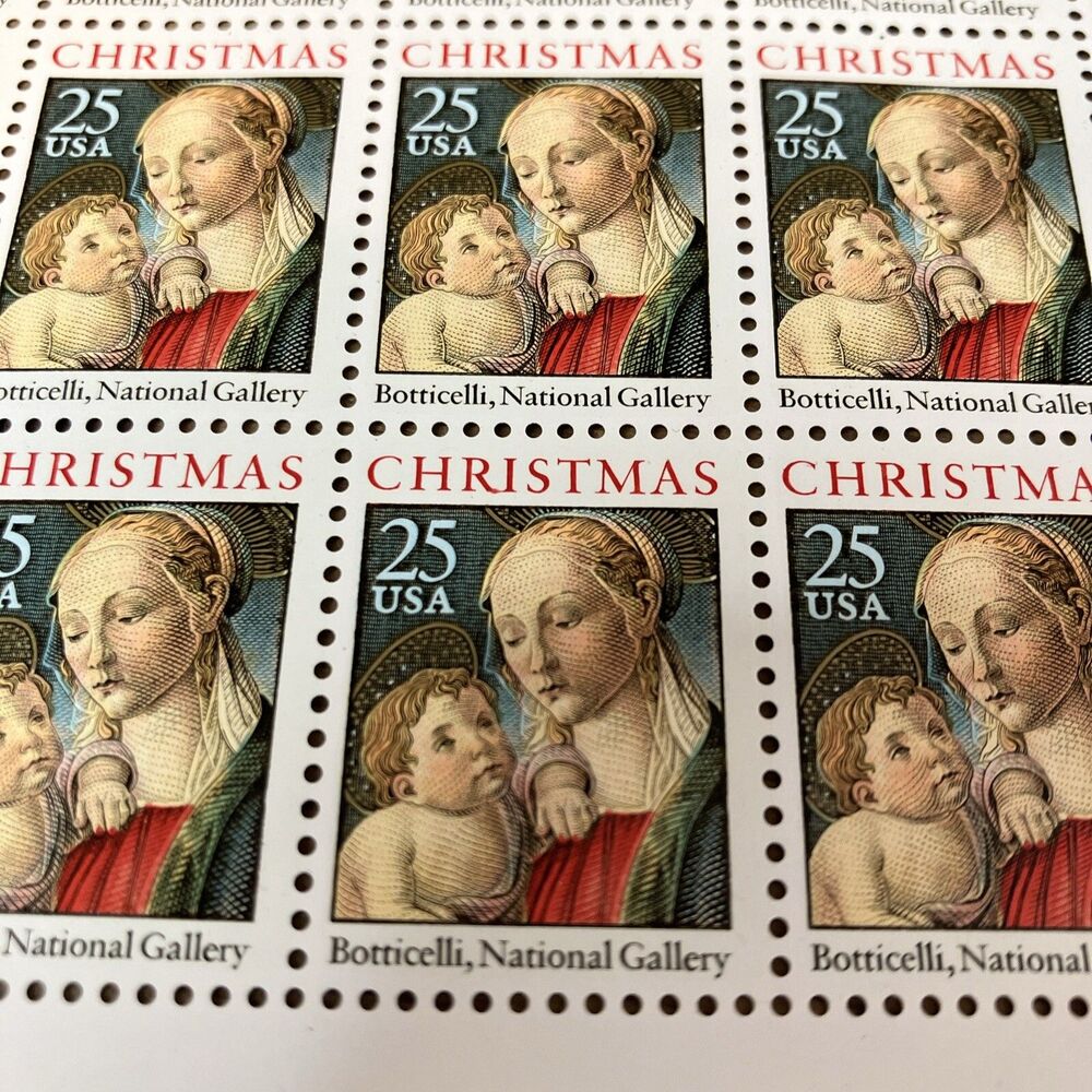 MNH Plate Block of 50 .25 Cent stamps, Botticelli Madonna & Child 1988 Christmas